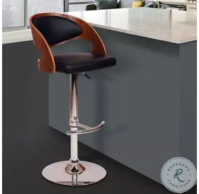 Malibu Black Faux Leather And Walnut Veneer Adjustable Swivel Bar Stool