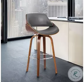 Mona Grey Faux Leather And Walnut Wood 26" Swivel Counter Height Stool