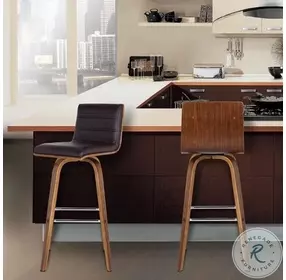 Vienna Brown Faux Leather And Walnut Wood 26" Swivel Counter Height Stool