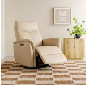 Ismere Taupe Leather Swivel Glider Power Recliner with Power Headrest and USB Charging