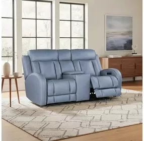 Quinn Blue Gray Leather 73" Zero Gravity Triple Power Reclining Loveseat with Console and USB Charging