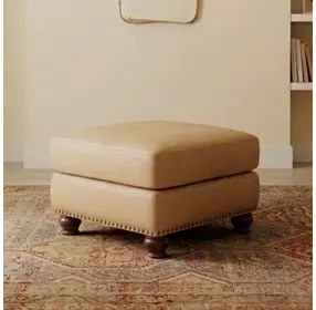 Holden Tan Fawn Leather Upholstered Square Ottoman with Nailhead Trim