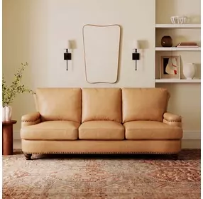 Hutton Tan Fawn Leather 87" Sofa with Nailhead Trim