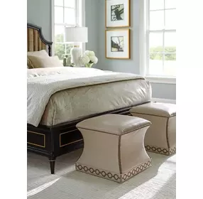 Merino Carlyle Beige Leather Upholstered Square Ottoman with Nailhead Trim