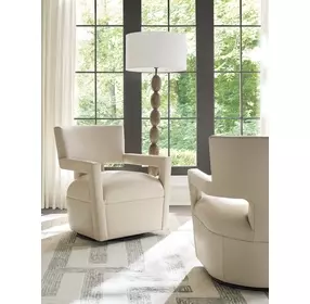 Woodside Beige Leather Upholstered Swivel Accent Chair by Barclay Butera