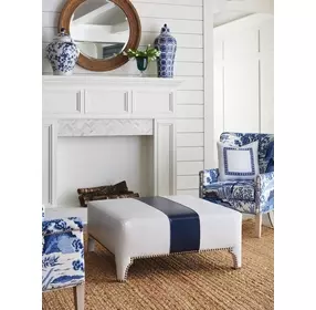 Sheffield Blue and Gray Leather Upholstered Cocktail Ottoman with Nailhead Trim