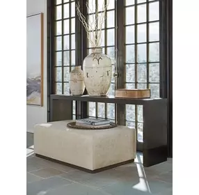 Sterling Beige Leather Upholstered Rectangular Cocktail Ottoman by Barclay Butera
