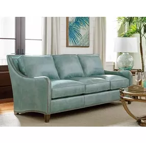 Twin Palms Koko Green Leather 85" Sofa with Nailhead Trim