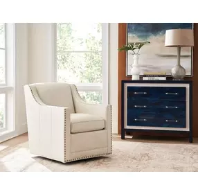 Barrier White Leather Upholstered Swivel Chair with Nailhead Trim