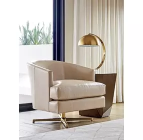 Graves Beige and Brass Leather Upholstered Swivel Chair