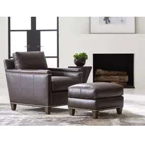 Strada Leather Misty Gray Leather Upholstered Rectangular Ottoman with Nailhead Trim
