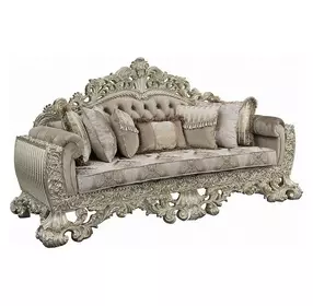 Sorina Beige and Antique Gold 99" Sofa with Pillows and Nailhead Trim