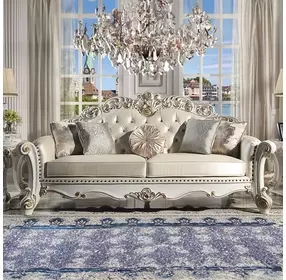 Vendome Champagne 96" Sofa with Pillows and Nailhead Trim