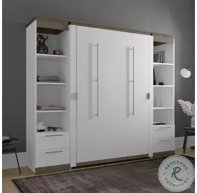 Orion White And Walnut Grey 98" Full Murphy Bed And 2 Narrow Shelving Units With Drawers