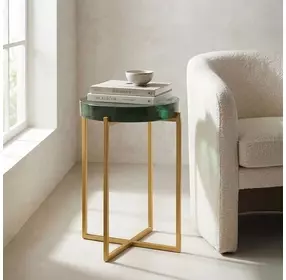 Marilee Rich Green and Sleek Brushed Gold Round Glass Top Accent Table