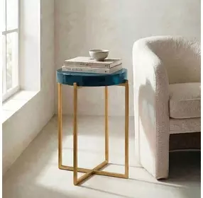 Marilee Deep Blue and Sleek Brushed Gold Round Glass Top Accent Table