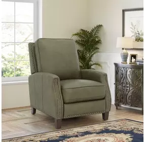 Melrose Oasis Olive Leather Push Thru The Arms Recliner with Nailhead Trim