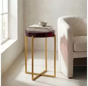 Marilee Vibrant Red and Sleek Brushed Gold Round Glass Top Accent Table