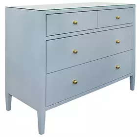 Michelle Textured Light Blue Linen 4 Drawer Soft Close Accent Chest With Glass Top