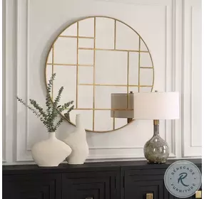 Geometric Lightly Antique Gold Leaf Round Mirror