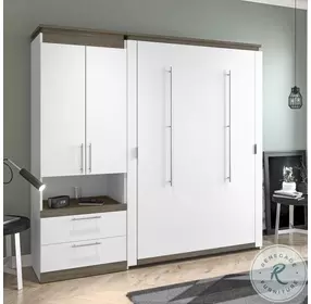 Orion White And Walnut Grey 88" Full Murphy Bed And Storage Cabinet With Pull Out Shelf