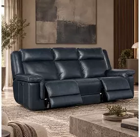 Arthur Cosmos Cobalt Leather Lay Flat 88" Power Reclining Sofa With Power Headrest And Lumbar