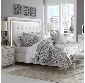 Skyline Cloud White California King Upholstered Bed with USB Charging and LED Light