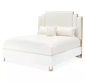 Palm Gate Cloud White and Cream California King Upholstered Panel Bed with USB Charging