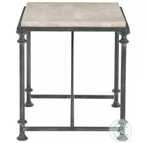 Galesbury Travertine Stone And Antique Silver Metal End Table