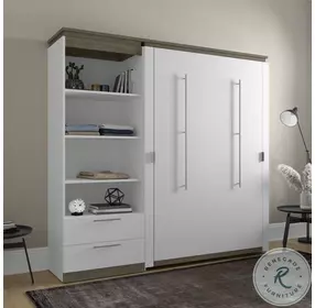 Orion White And Walnut Grey 88" Full Murphy Bed And Shelving Unit With Drawers