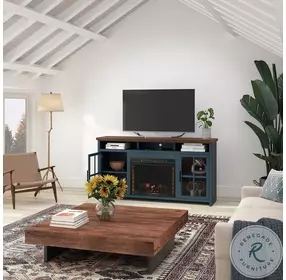 Nantucket Blue Denim And Whiskey 74" TV Stand with Fireplace
