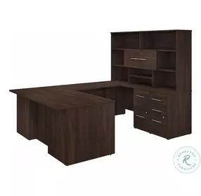 Office 500 Black Walnut 72" U Shaped Executive Home Office Set with Drawers and Hutch