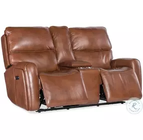Tennyson Brown Leather Zero Gravity Power Reclining Console Loveseat with Power Headrest And Lumbar