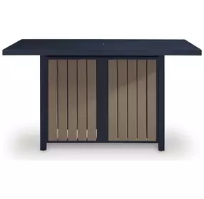 Mabry Shores Navy Blue and Driftwood 70" Rectangular Outdoor Bar Dining Room Set with Fire Pit