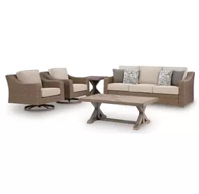 Revare Beach Beige 5-Piece Patio Conversation Set with Sofa, 2 Lounge Chairs, Coffee and End Tables