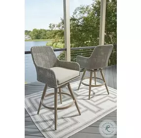 Seton Creek Beige And Gray Performance Fabric Outdoor Bar Stool Set of 2