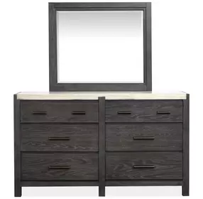 Plum Creek Ravenwood Black and White 6 Drawer Marble Top Dresser with Rectangular Mirror
