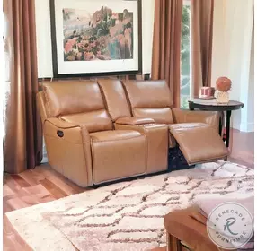 Portico Desert Leather 73" Lay Flat Power Reclining Console Loveseat with Power Headrest and USB Charging