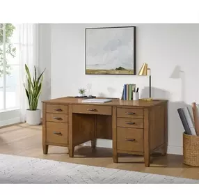 Beth Brown Oak Double Pedestal Desk with USB Charging