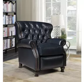 Presidential Shoreham Blue Leather Push Thru The Arms Recliner with Nailhead Trim