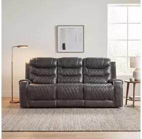 Putnam Gray 87" Double Reclining Sofa With Drop Down Table