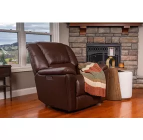 Plush Tavern Brown Leather Power Gliding Recliner with Power Lumbar and USB Charging