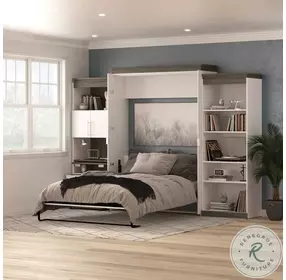 Orion White And Walnut Grey 124" Queen Murphy Bed With Shelving And Fold Out Desk