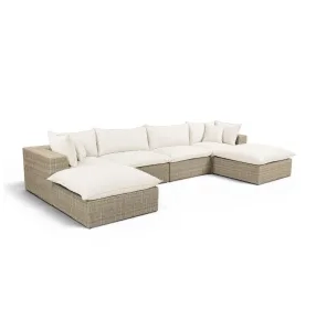 Cali Natural Performance Fabric & Natural Wicker Modular Outdoor U-Chaise Sectional