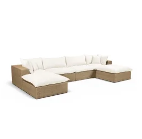 Cali Natural Performance Fabric & Brown Wicker Modular Outdoor U-Chaise Sectional