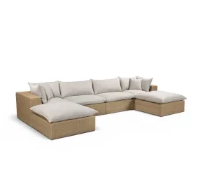 Cali Light Gray Fabric & Brown Wicker Modular Outdoor U-Chaise Sectional