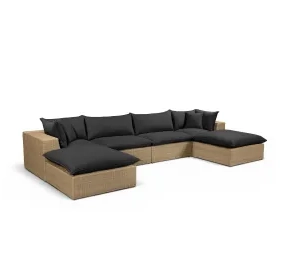 Cali Black Fabric & Brown Wicker Modular Outdoor U-Chaise Sectional