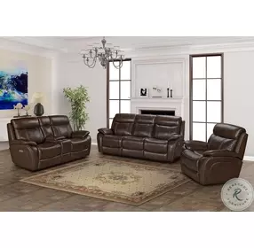 Sandover Tri-Tone Chocolate Power Reclining Console Loveseat with Power Headrest And Lumbar
