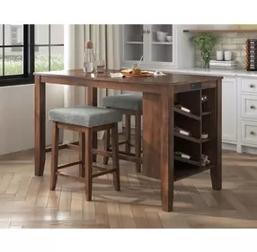 Veronica Walnut and Dark Gray Upholstered 3 Piece Kitchen Island Set with USB Charging