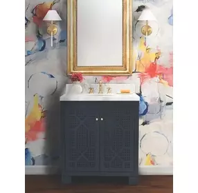 Schaffer Matte Navy Lacquer Carrera Marble Top Bath Vanity